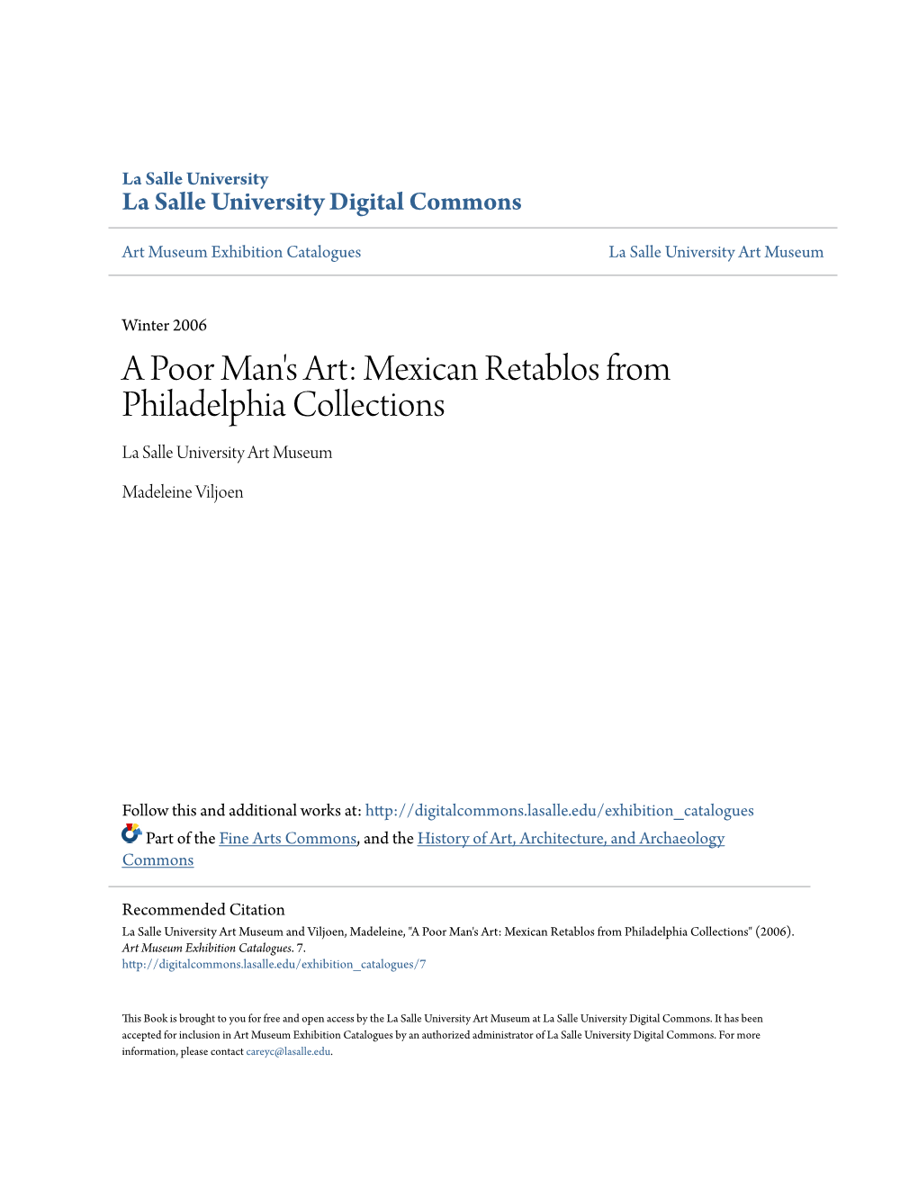 A Poor Man's Art: Mexican Retablos from Philadelphia Collections La Salle University Art Museum