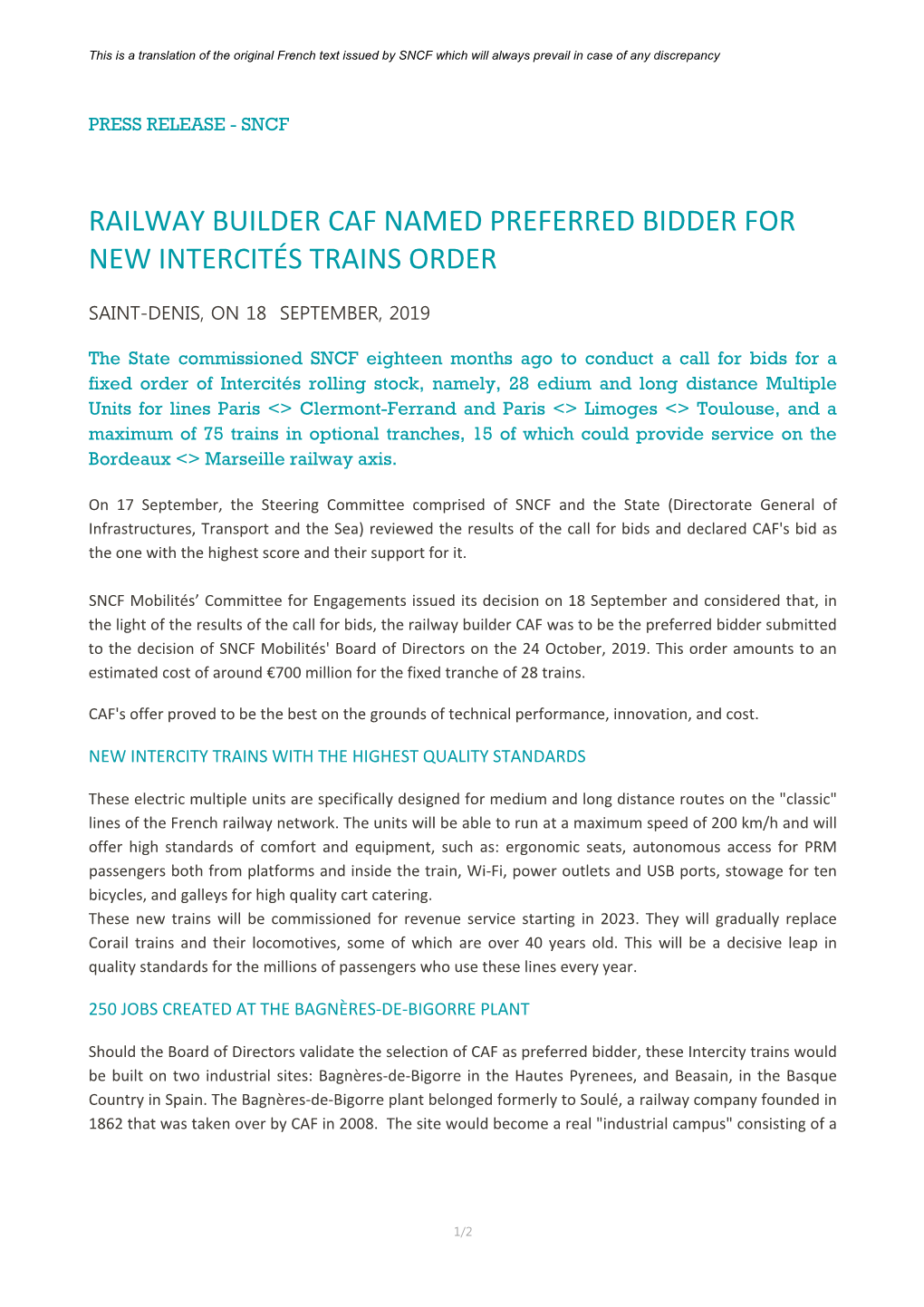 Railway Builder Caf Named Preferred Bidder for New Intercités Trains Order