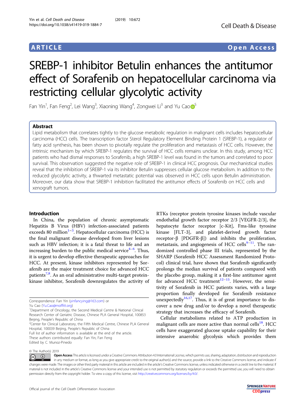 SREBP-1 Inhibitor Betulin Enhances the Antitumor Effect of Sorafenib On