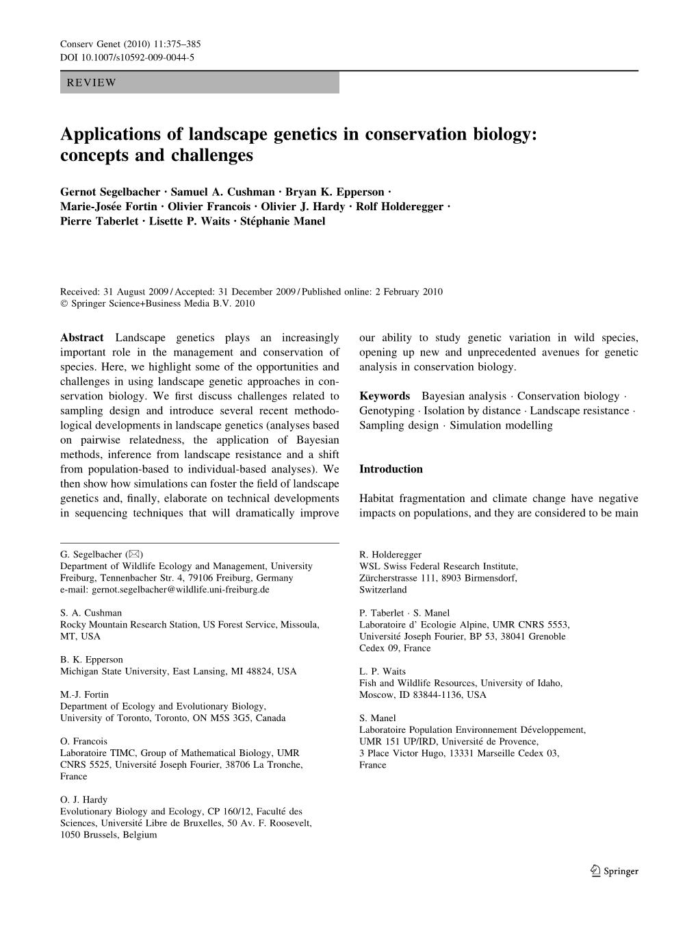 Applications of Landscape Genetics in Conservation Biology: Concepts and Challenges