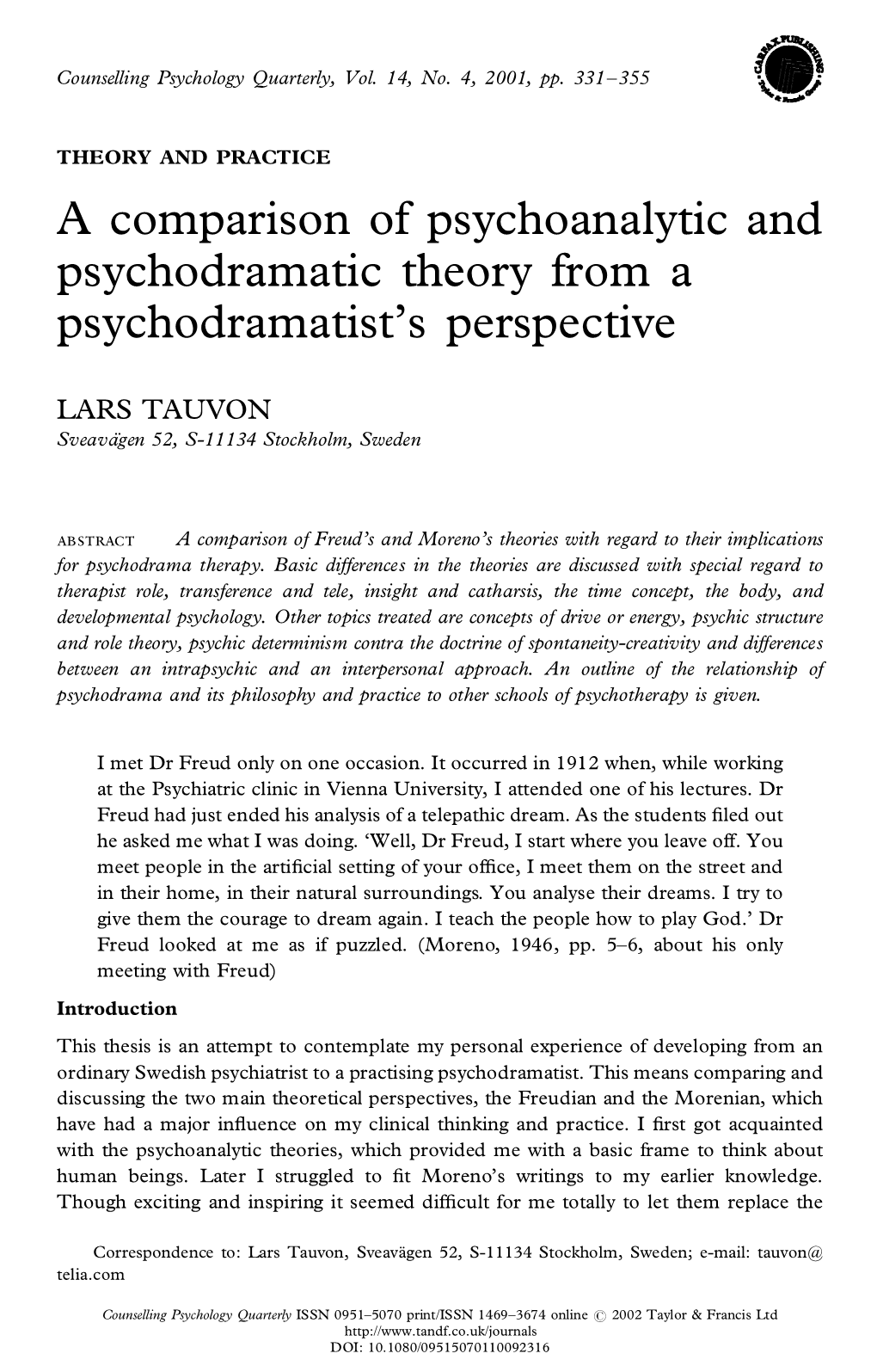 A Comparison of Psychoanalytic and Psychodramatic Theory from a Psychodramatist's Perspective