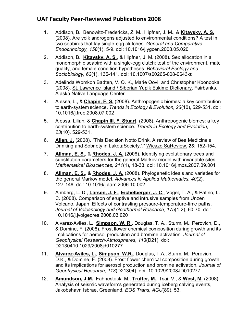 UAF Faculty Peer-Reviewed Publications 2008