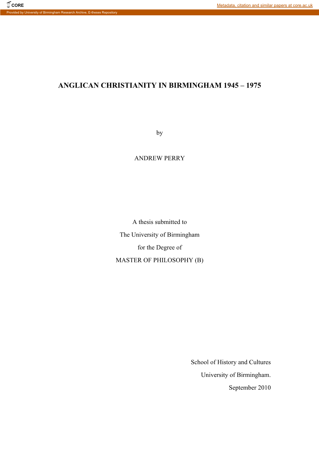 Anglican Christianity in Birmingham 1945 – 1975