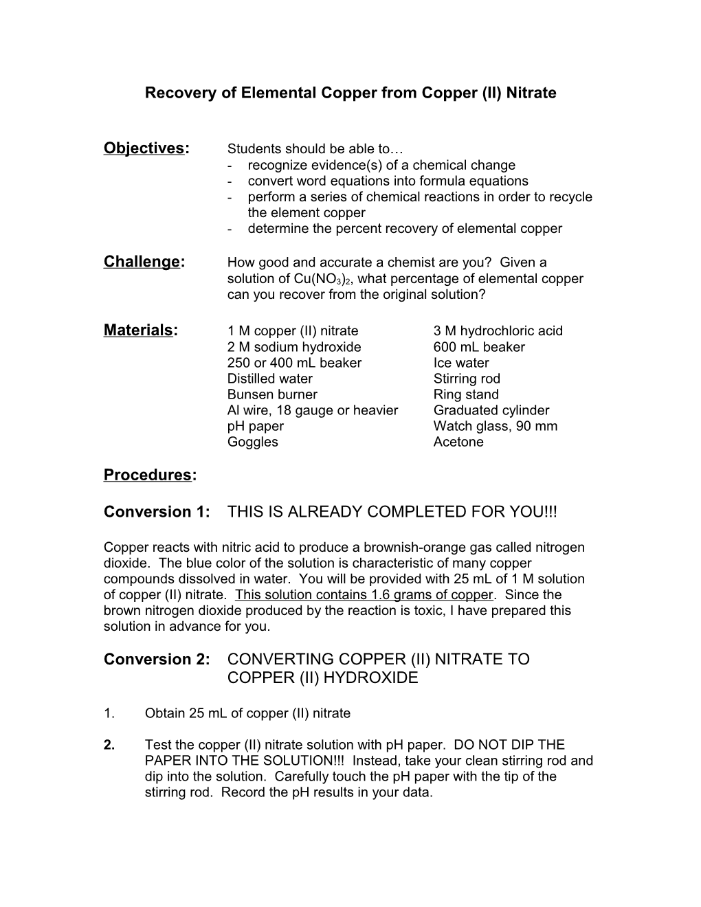 Recovery of Elemental Copper from Copper (II) Nitrate