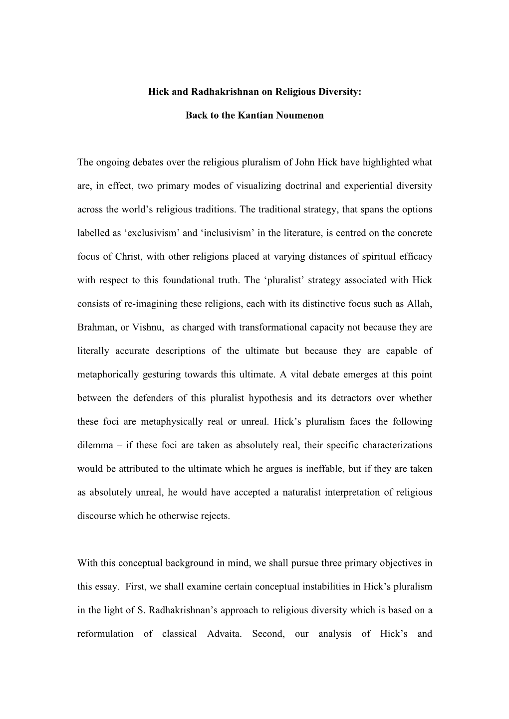 Hick and Radhakrishnan on Religious Diversity: Back to the Kantian