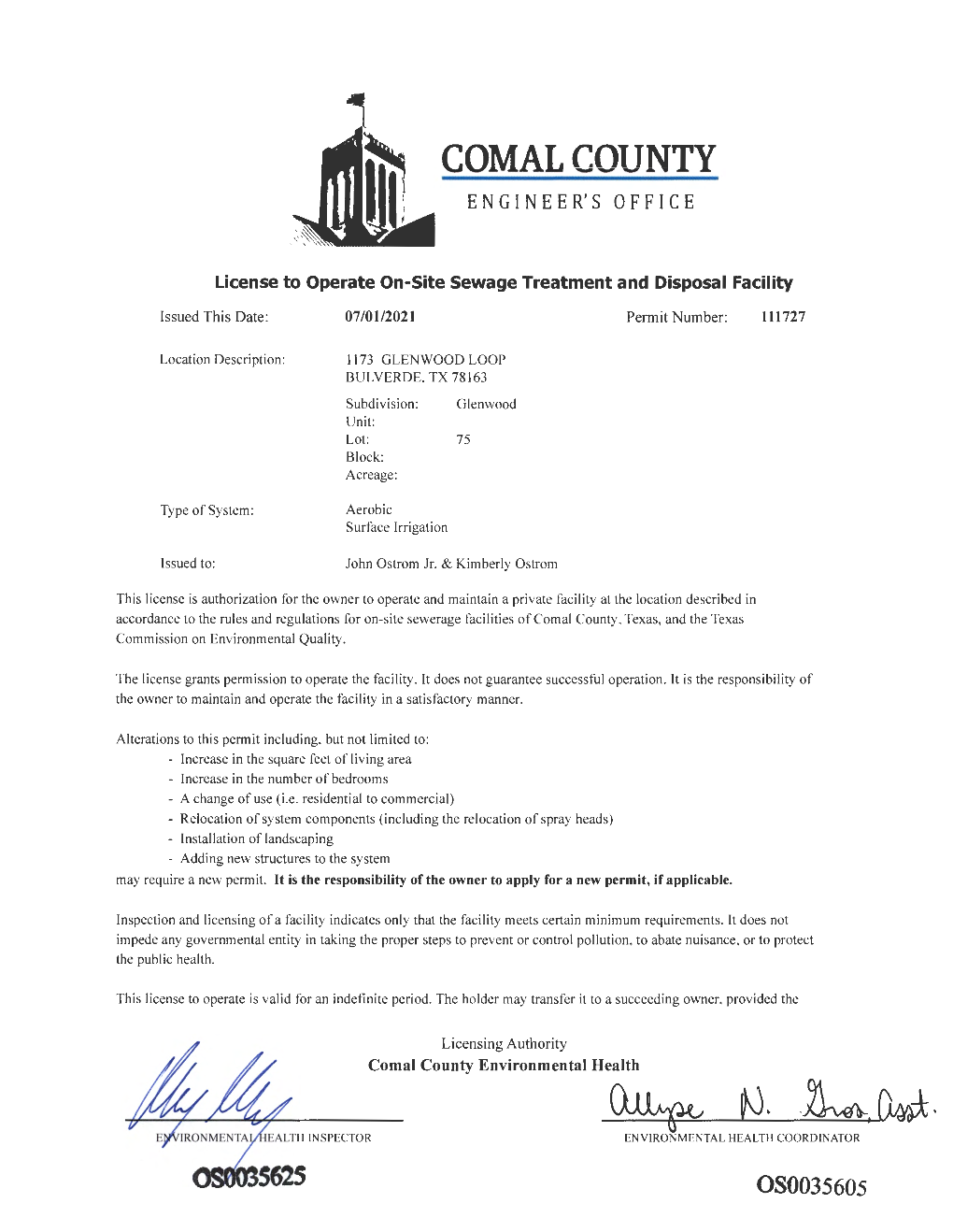 Comal County Environmental Health OSSF Inspection Sheet