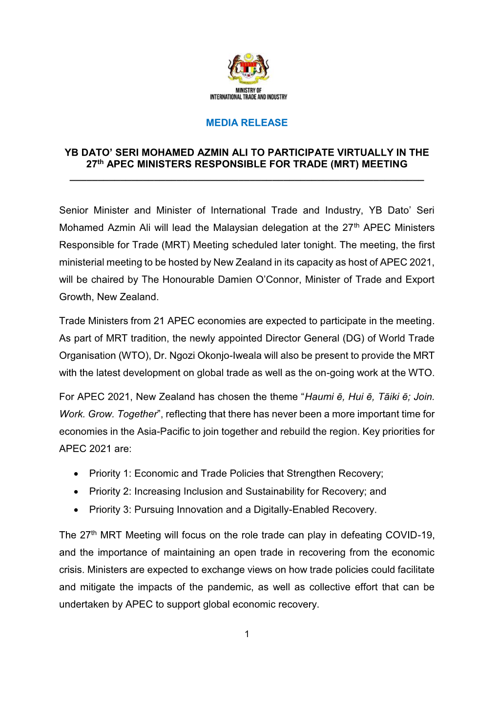 Media Release Yb Dato' Seri Mohamed Azmin Ali To