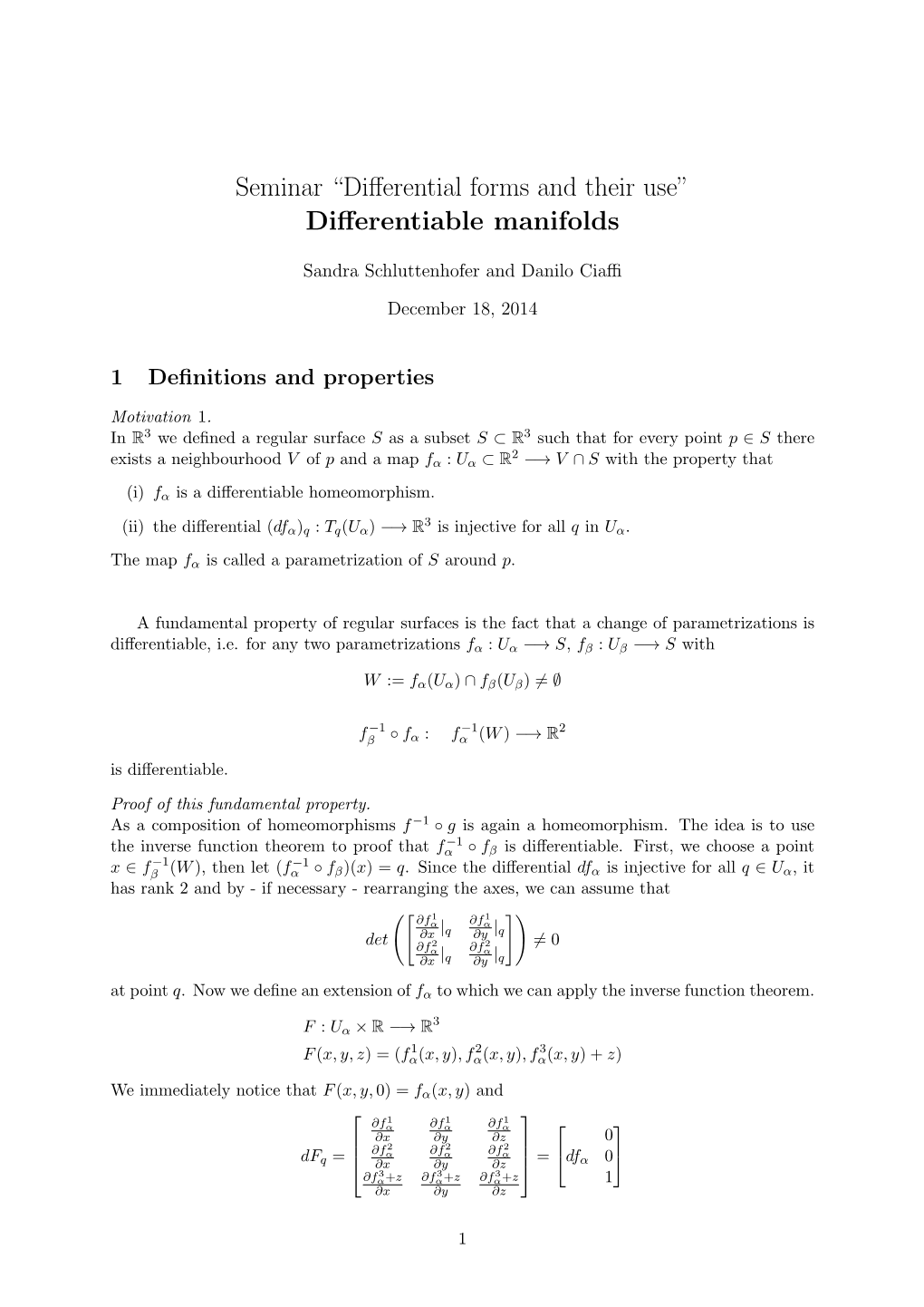 Seminar “Differential Forms and Their Use” Differentiable Manifolds