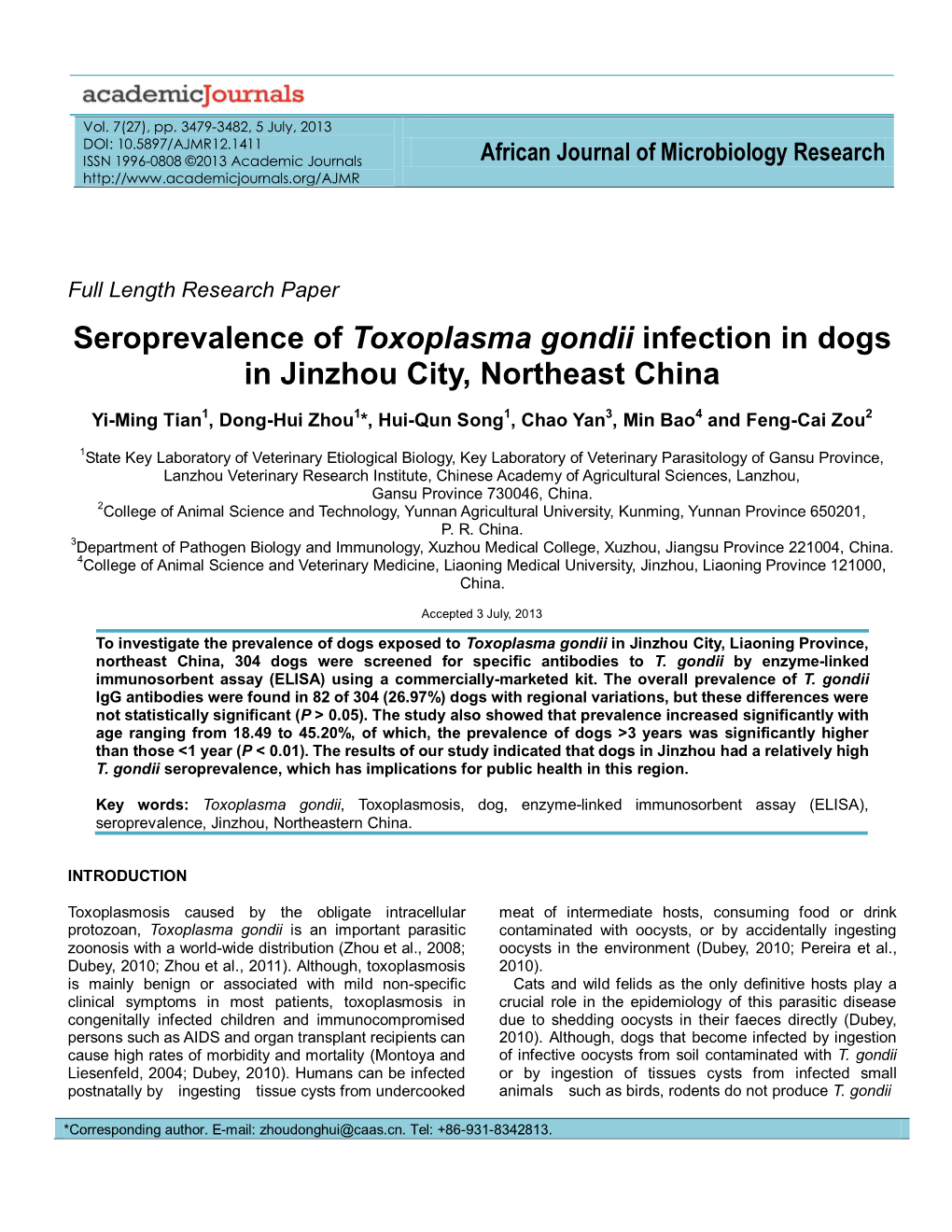 Seroprevalence of Toxoplasma Gondii Infection in Dogs in Jinzhou City, Northeast China