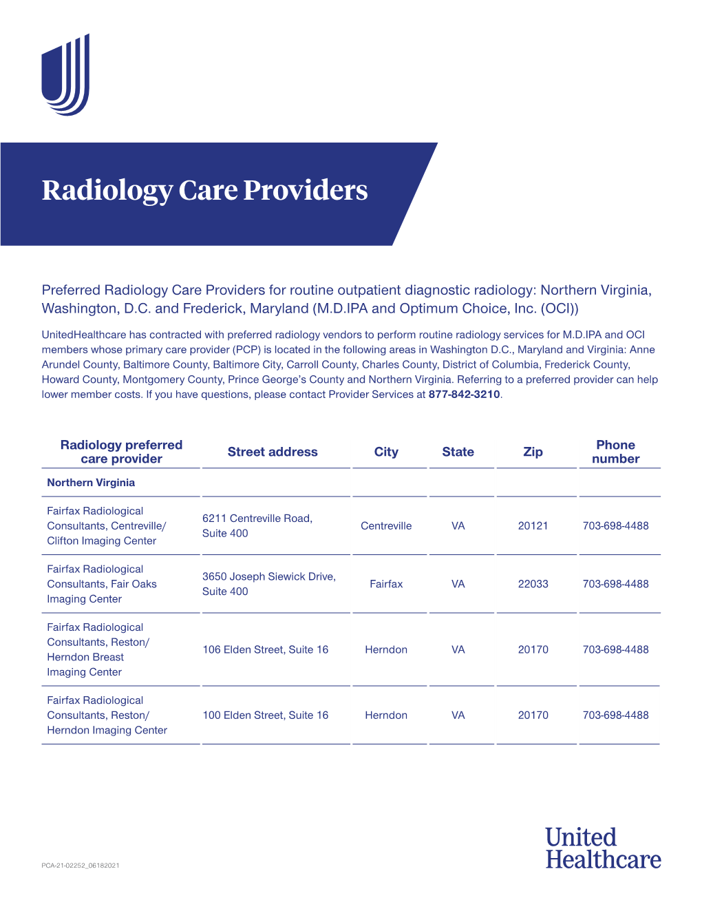 Preferred Radiology Care Providers for Routine Outpatient Diagnostic Radiology: Northern Virginia, Washington, D.C