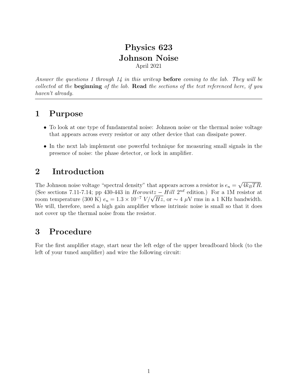 Physics 623 Johnson Noise 1 Purpose 2 Introduction 3 Procedure