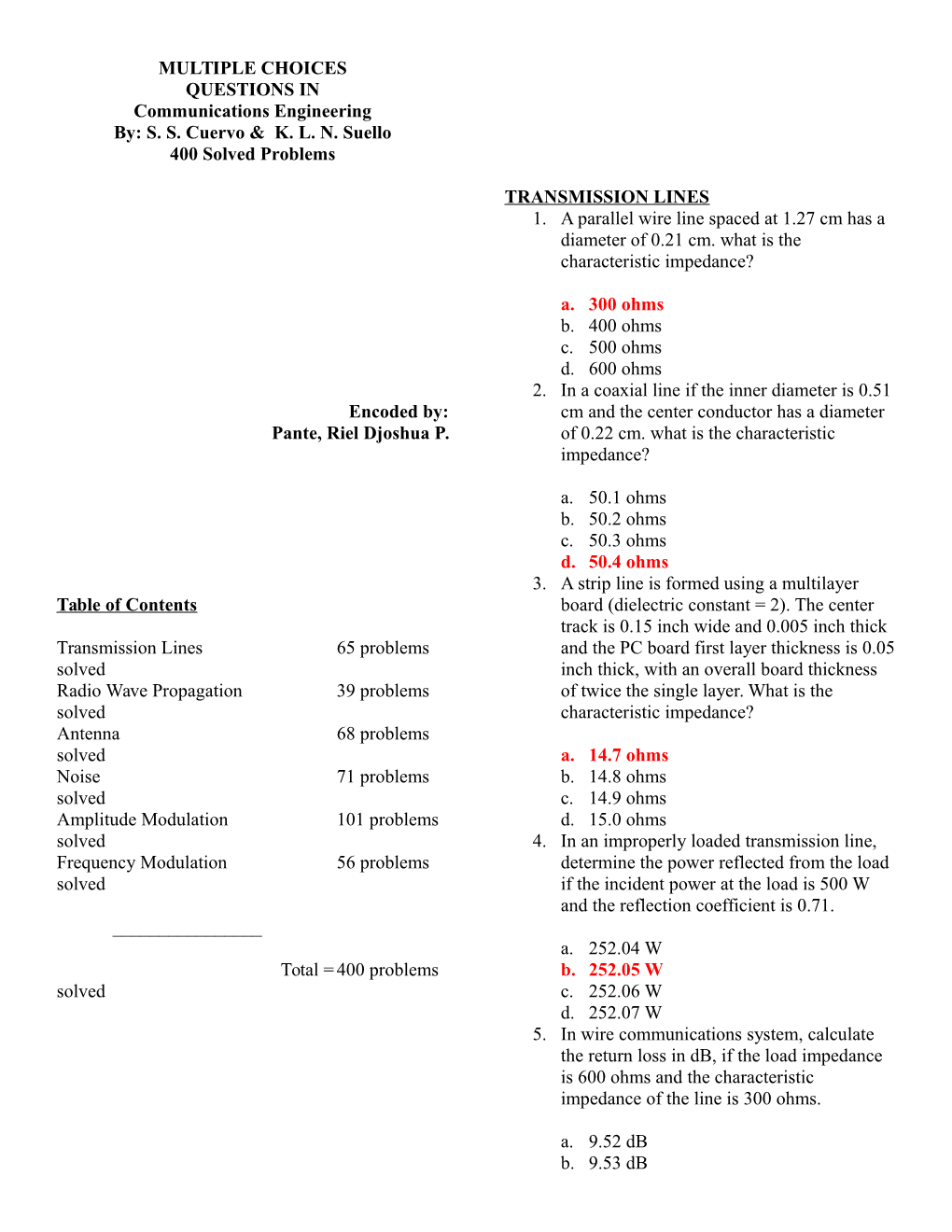 SS Cuervo & KLN Suello 400 Solved Problems Encoded By