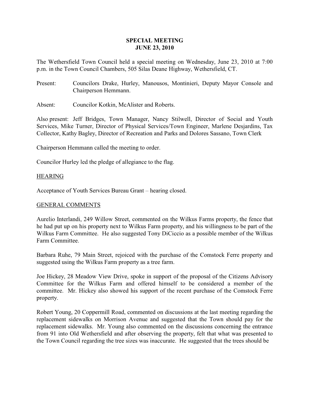 SPECIAL MEETING JUNE 23, 2010 the Wethersfield Town Council