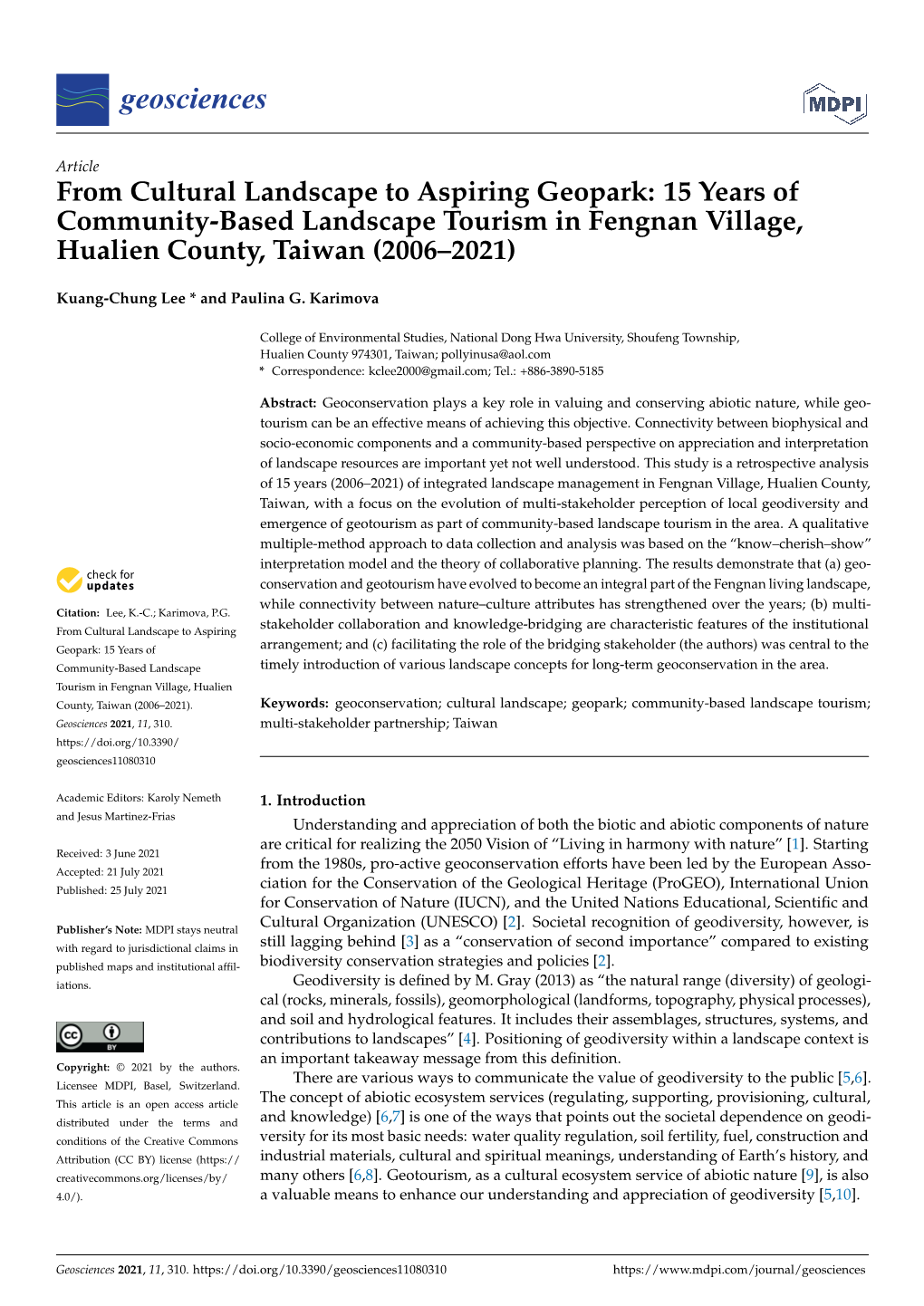 From Cultural Landscape to Aspiring Geopark: 15 Years of Community-Based Landscape Tourism in Fengnan Village, Hualien County, Taiwan (2006–2021)