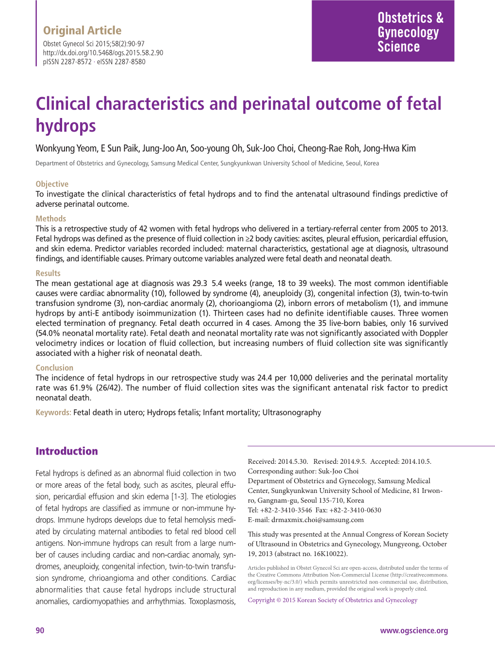 Clinical Characteristics and Perinatal Outcome of Fetal Hydrops