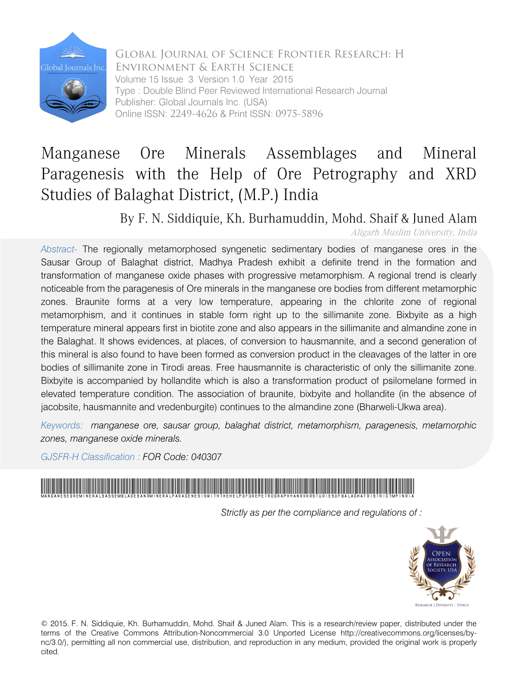 Manganese Ore Minerals Assemblages and Mineral Paragenesis with the Help of Ore Petrography and XRD Studies of Balaghat District, (M.P.) India by F