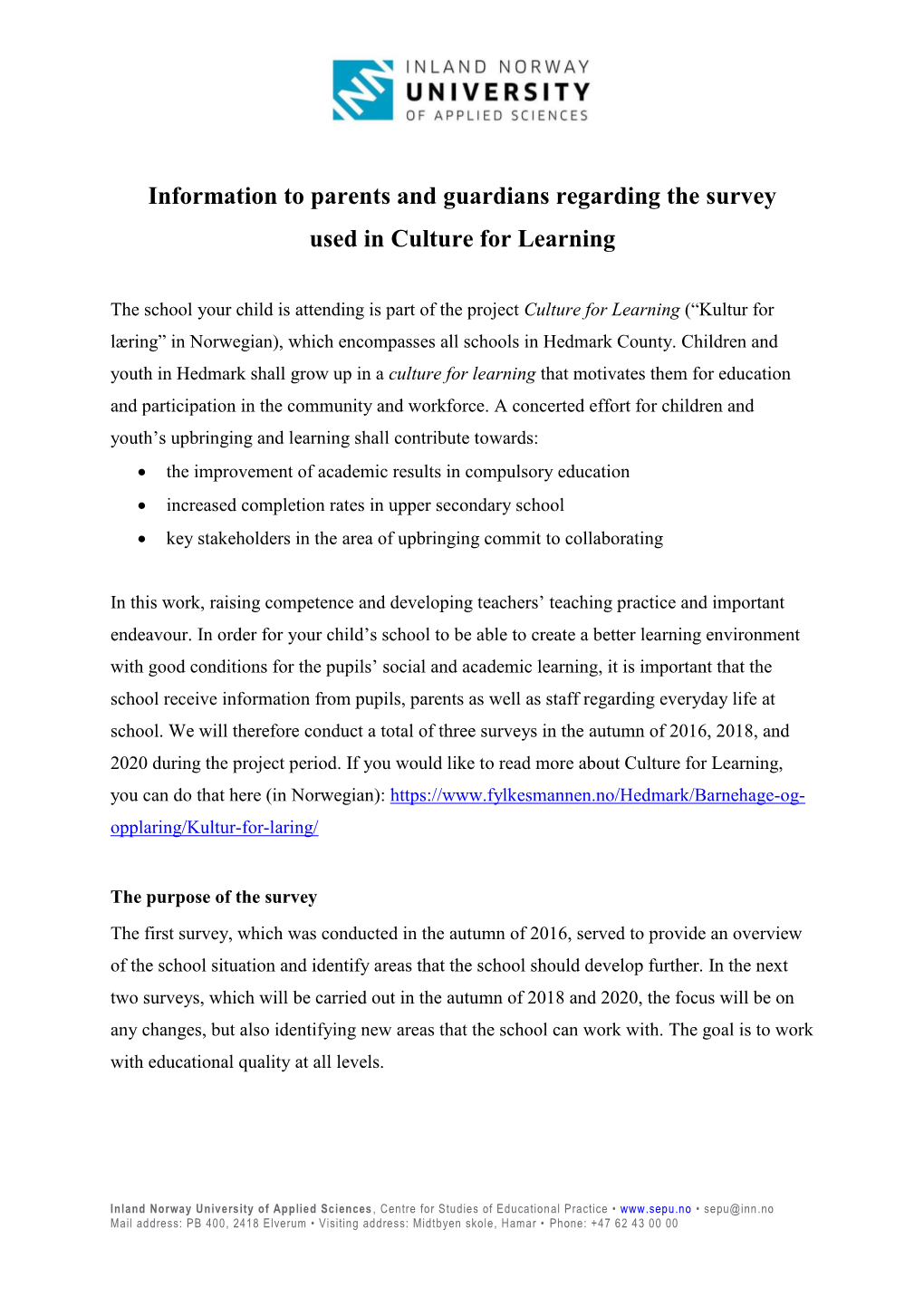 Information to Parents and Guardians Regarding the Survey Used in Culture for Learning