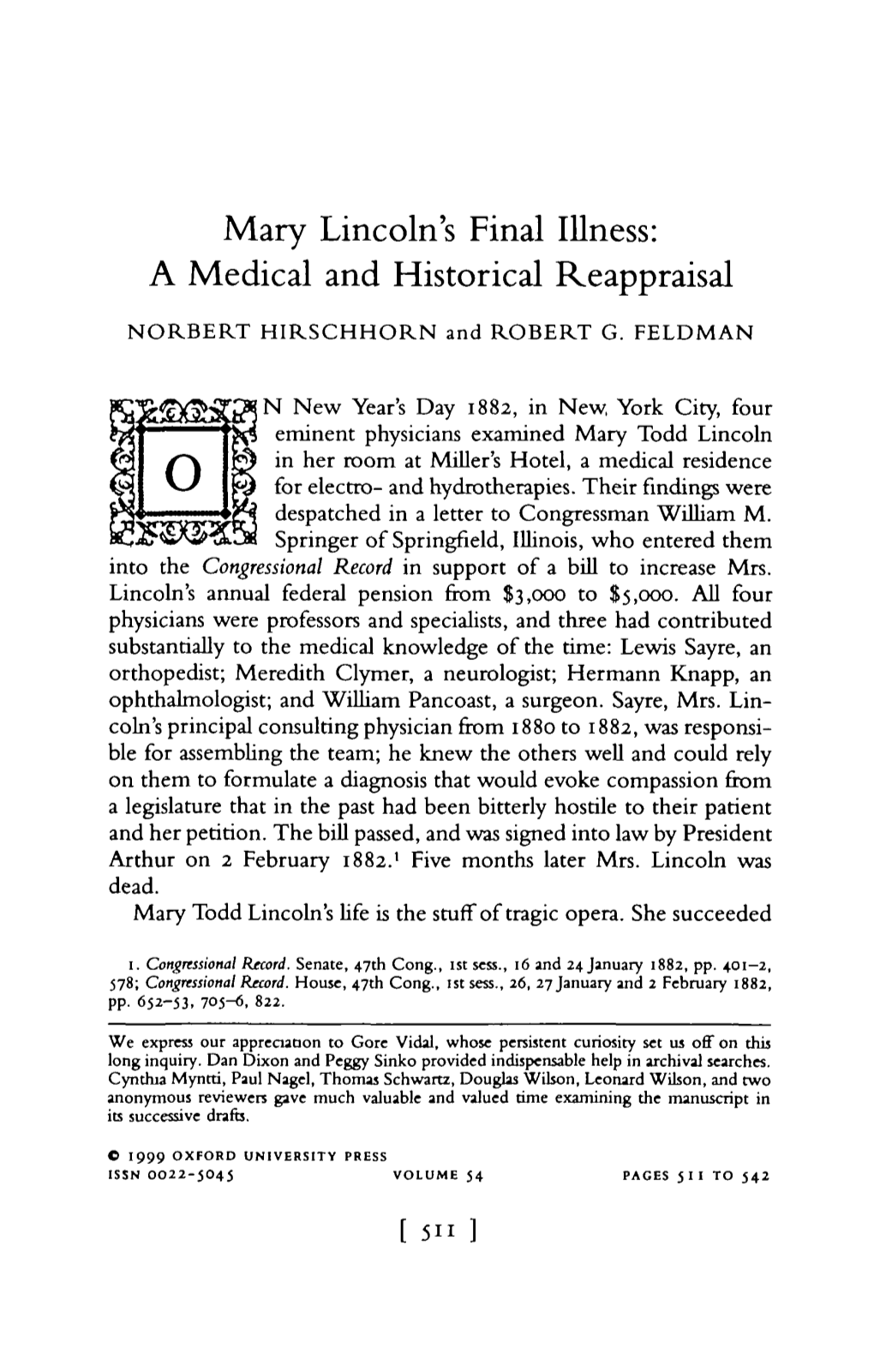 Mary Lincoln's Final Illness: a Medical and Historical Reappraisal