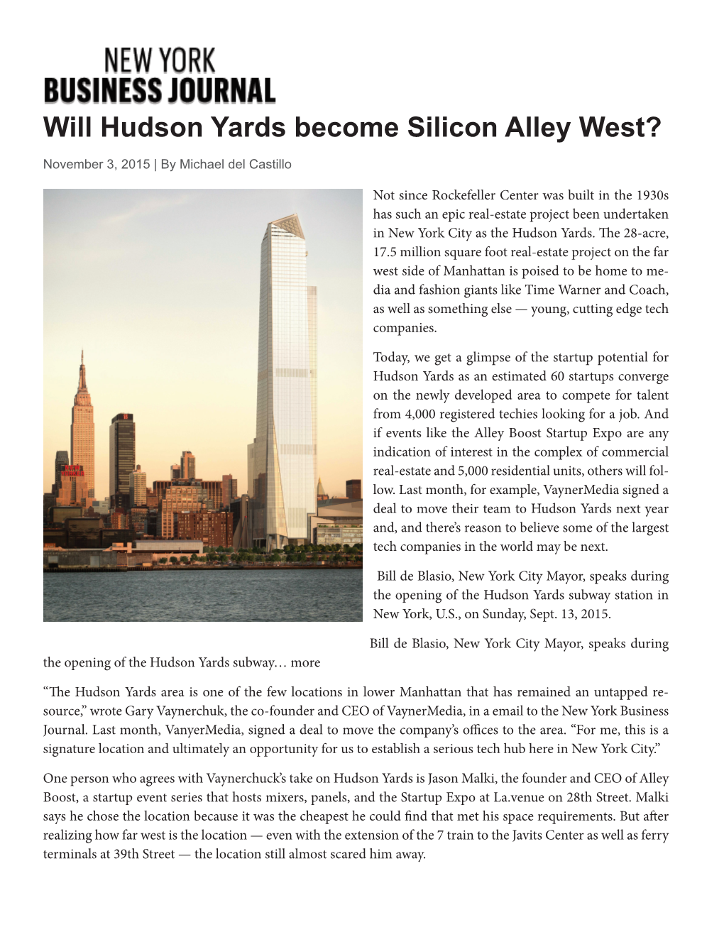 Will Hudson Yards Become Silicon Alley West? November 3, 2015 | by Michael Del Castillo