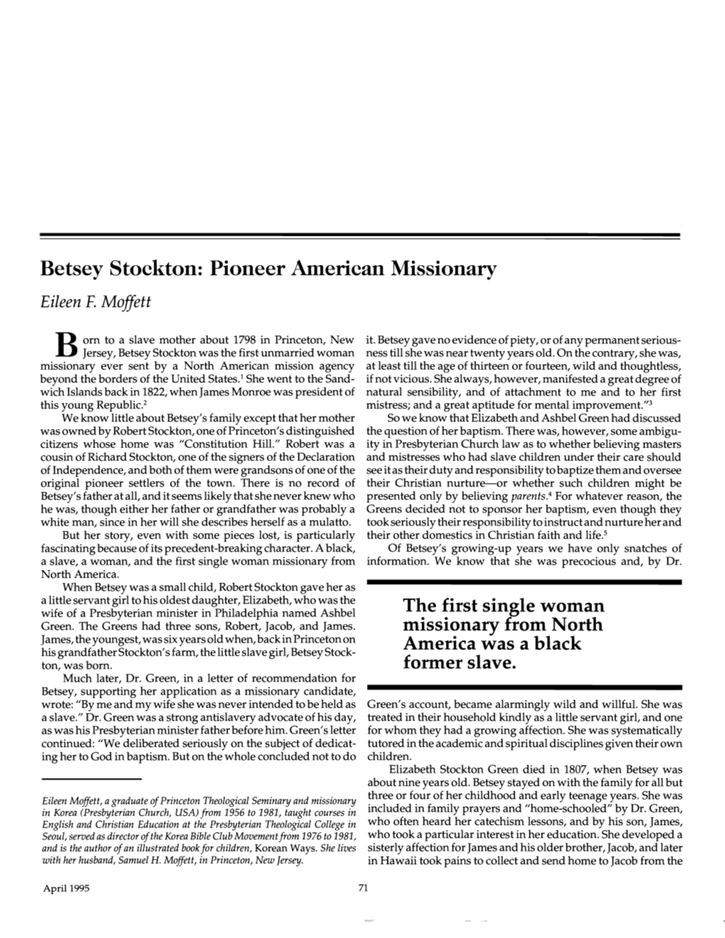 Betsey Stockton: Pioneer American Missionary Eileen F