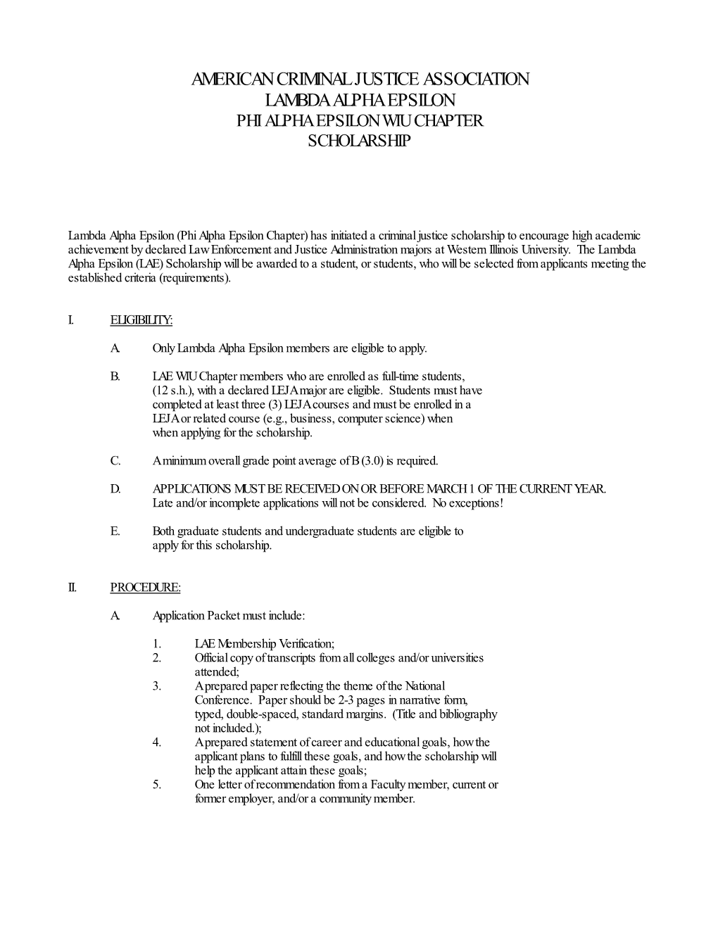 American Criminal Justice Association Lambda Alpha Epsilon Phi Alpha Epsilon Wiu Chapter Scholarship