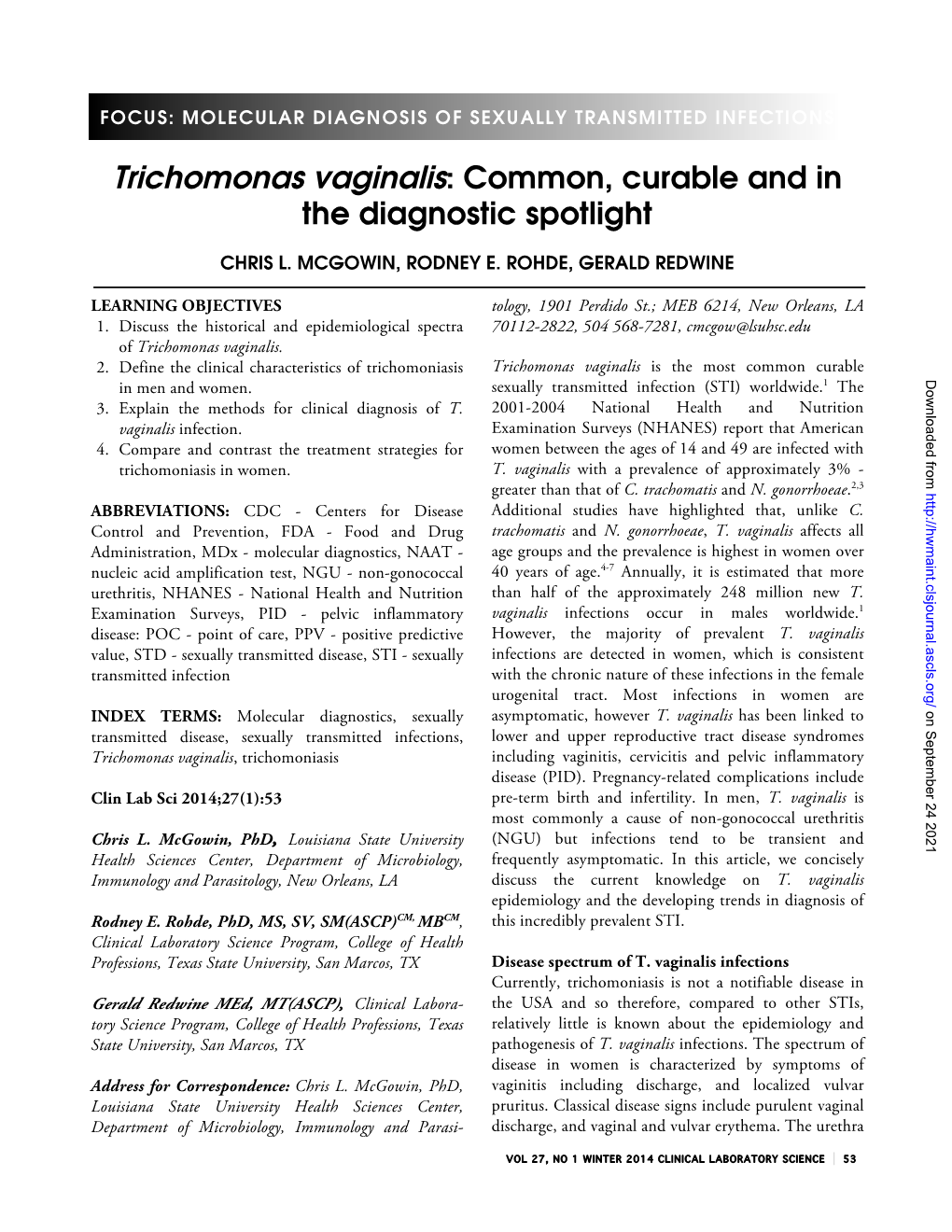 Trichomonas Vaginalis: Common, Curable and in the Diagnostic Spotlight