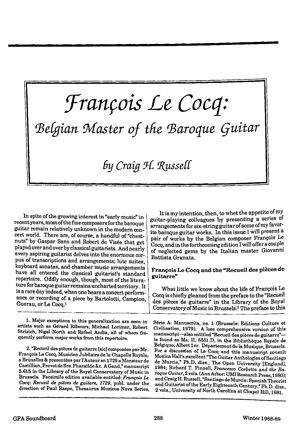 Franã§Ois Le Croq: Belgian Master of the Baroque Guitar