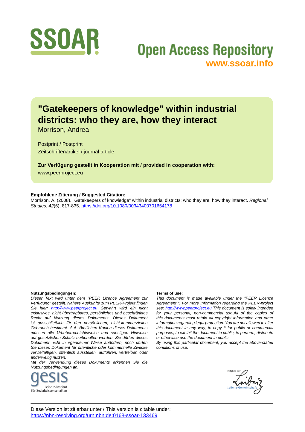 "Gatekeepers of Knowledge" Within Industrial Districts: Who They Are, How They Interact Morrison, Andrea