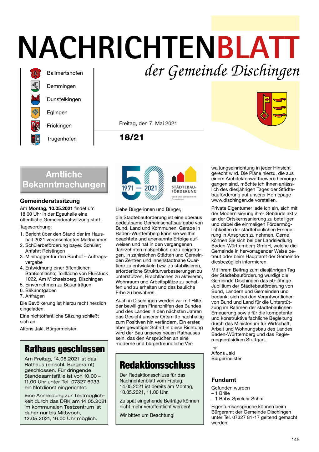 Der Gemeinde DISCHINGEN Dischingen Demmingen Auf Dem Härtsfeld Dunstelkingen