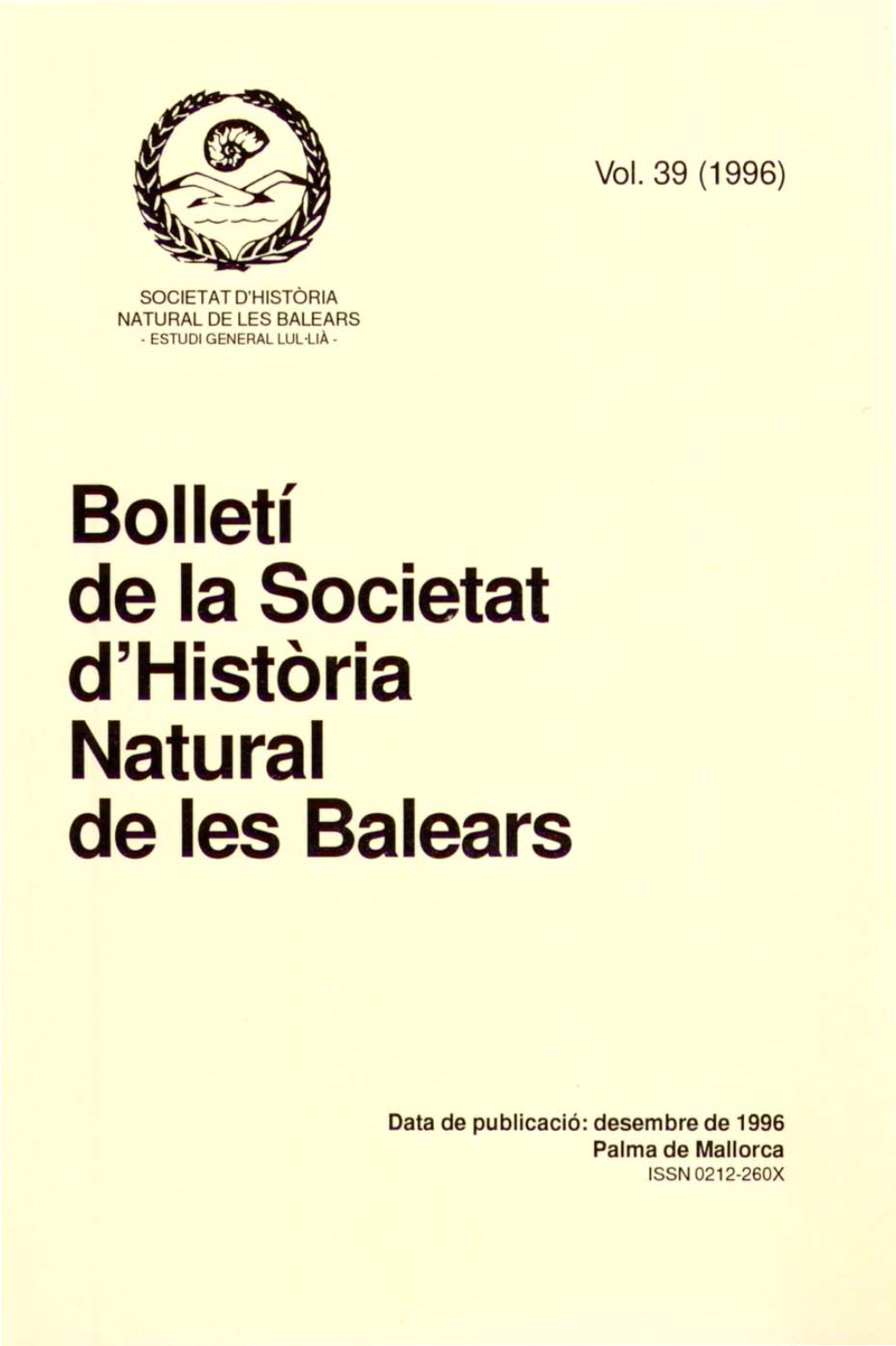 Bolletí De La Societat D'història Natural De Les Balears 1996, Vol. 39