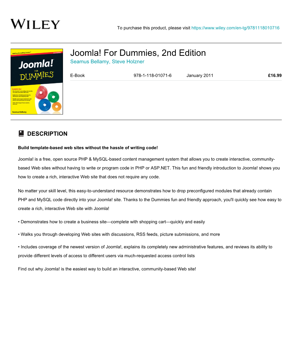 Joomla! for Dummies, 2Nd Edition Seamus Bellamy, Steve Holzner