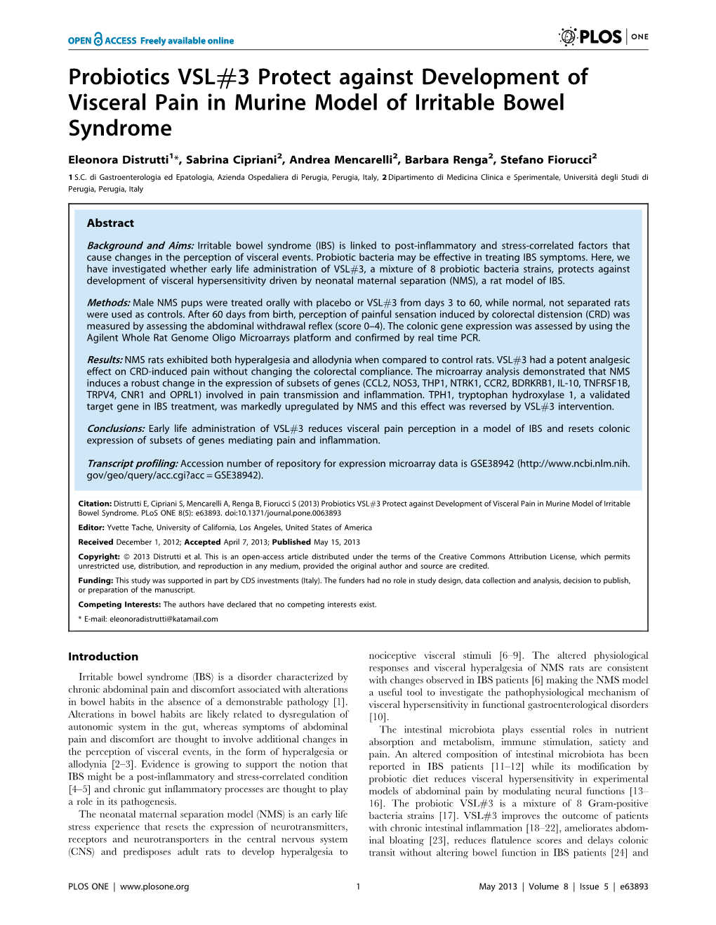 Probiotics VSL#3 Protect Against Development of Visceral Pain in Murine Model of Irritable Bowel Syndrome