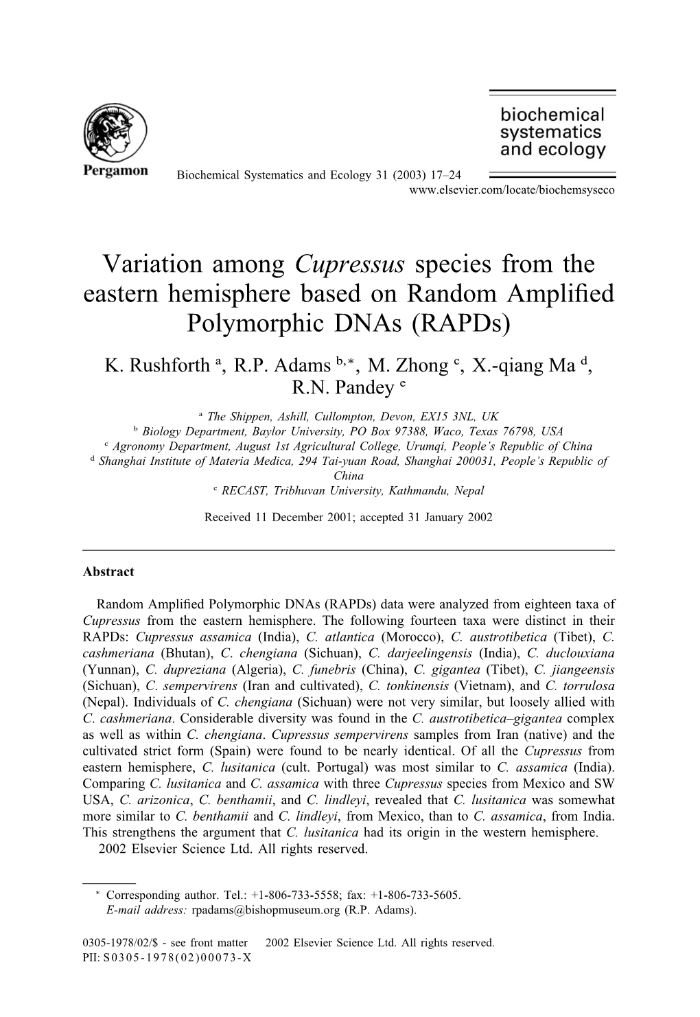 Variation Among Cupressus Species from the Eastern Hemisphere Based on Random Amplified Polymorphic Dnas