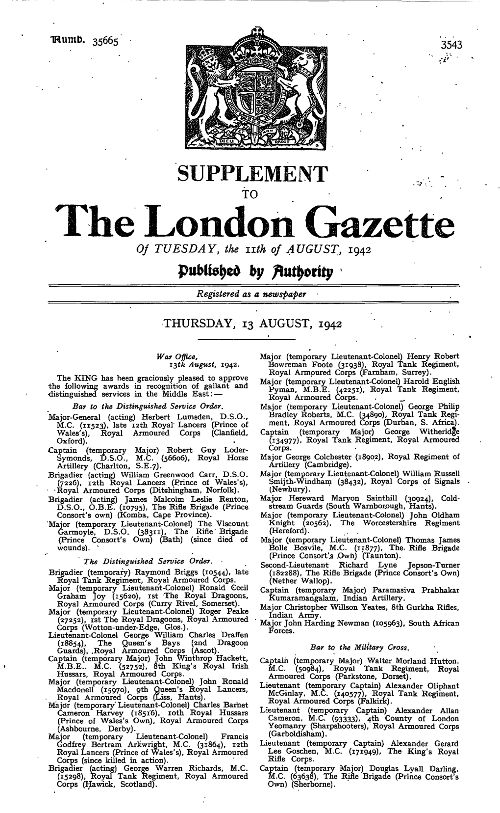 The London Gazette of TUESDAY, the Nth of AUGUST, 1942 by Registered As a Newspaper