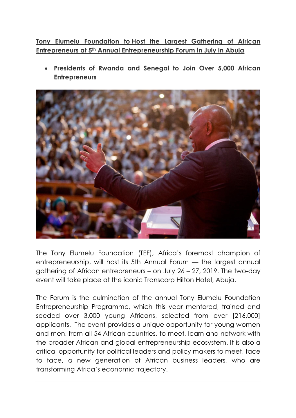 Tony Elumelu Foundation to Host the Largest Gathering of African Entrepreneurs at 5Th Annual Entrepreneurship Forum in July in Abuja