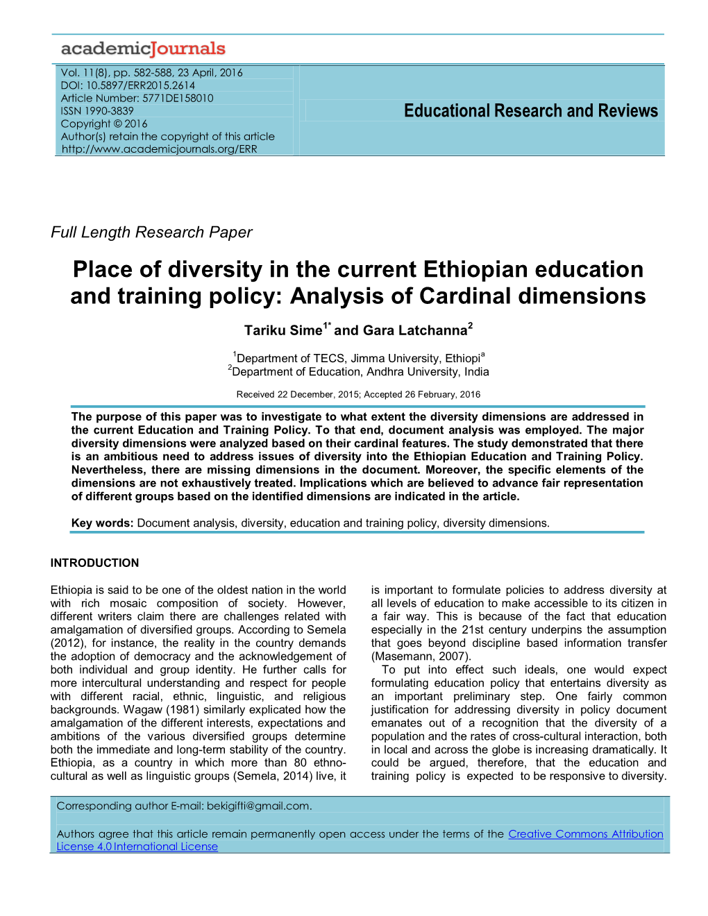 Place of Diversity in the Current Ethiopian Education and Training Policy: Analysis of Cardinal Dimensions