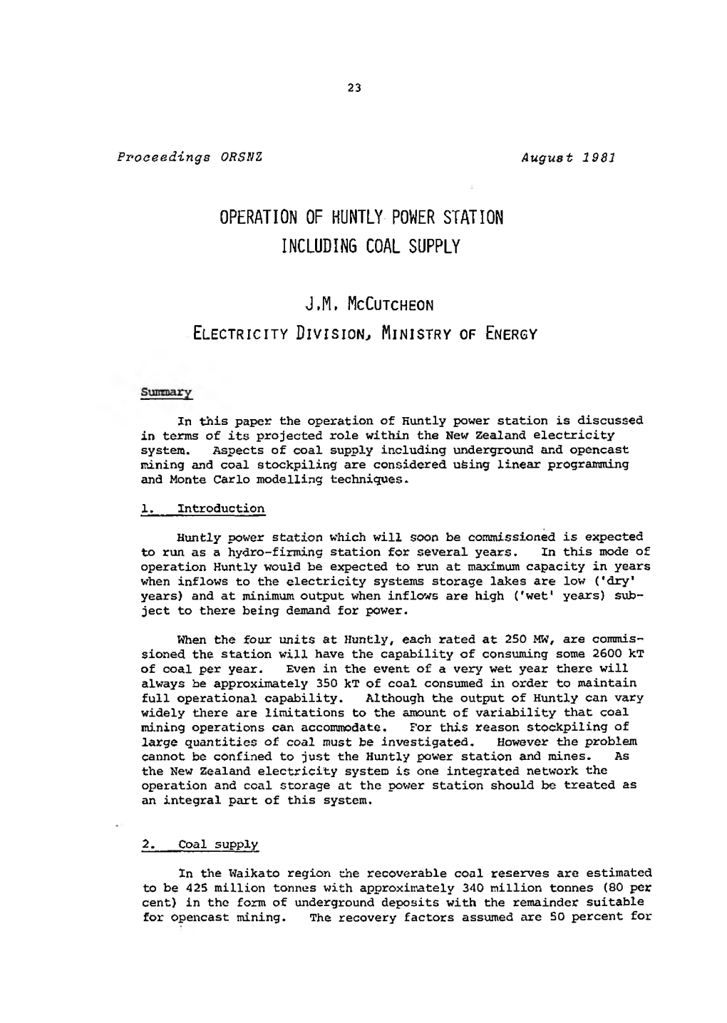 Mccutcheon, J.M. Operation of Huntly Power Station Including Coal