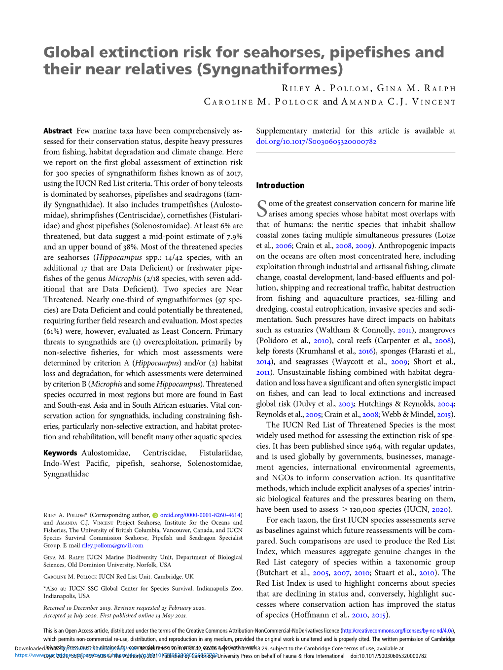 Global Extinction Risk for Seahorses, Pipefishes and Their Near Relatives (Syngnathiformes)