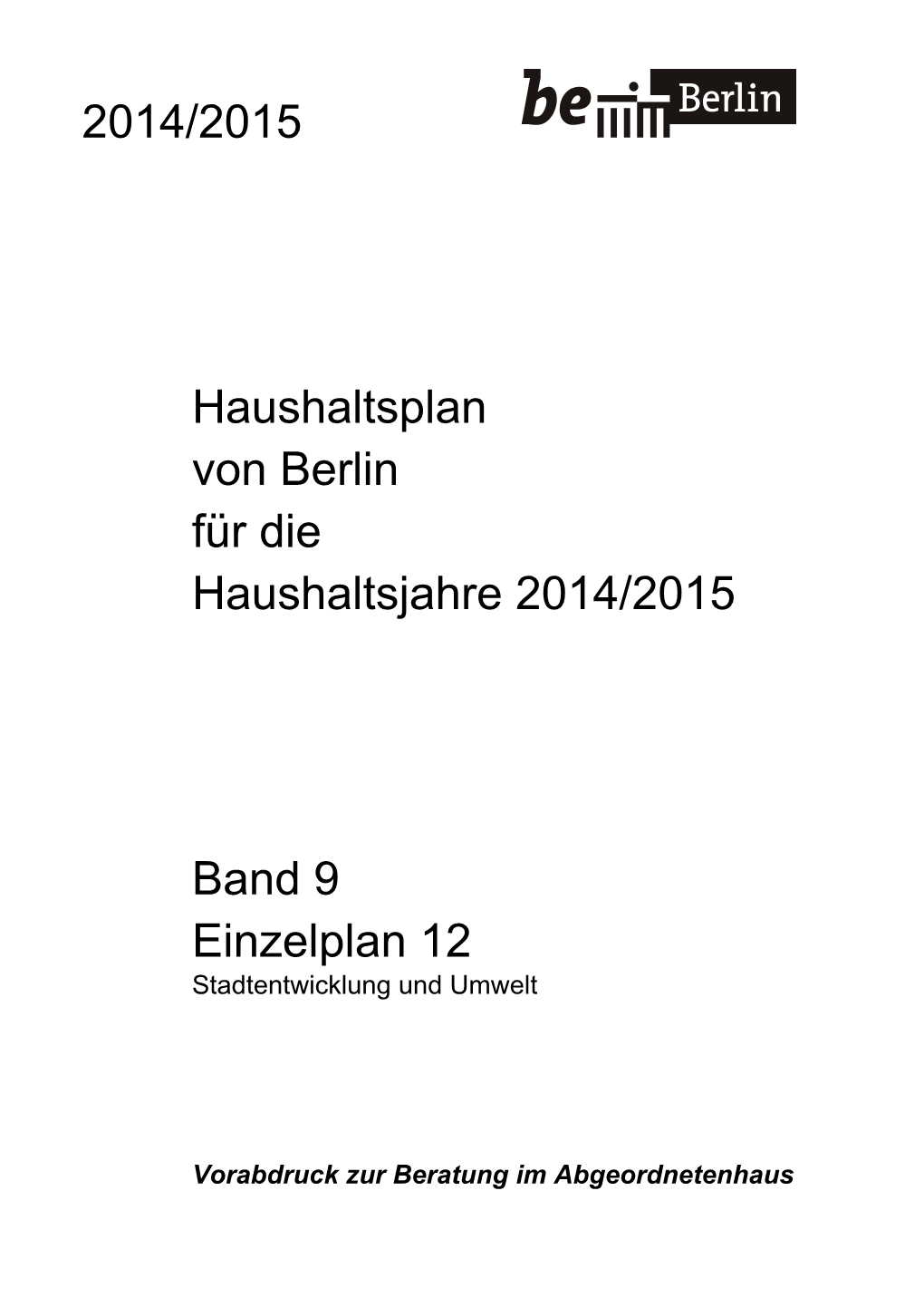 Band 9 Einzelplan 12 Stadtentwicklung Und Umwelt