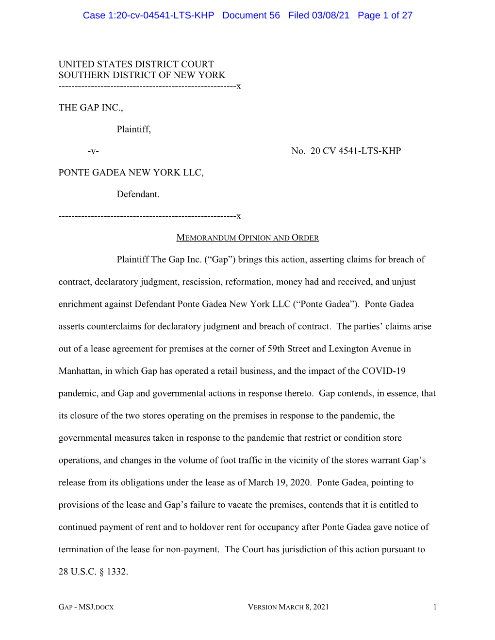 Case 1:20-Cv-04541-LTS-KHP Document 56 Filed 03/08/21 Page 1 of 27