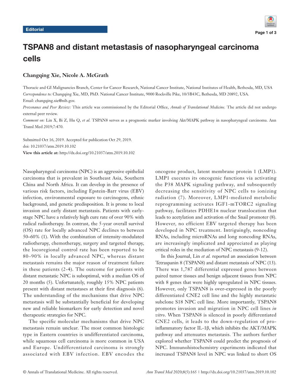 TSPAN8 and Distant Metastasis of Nasopharyngeal Carcinoma Cells