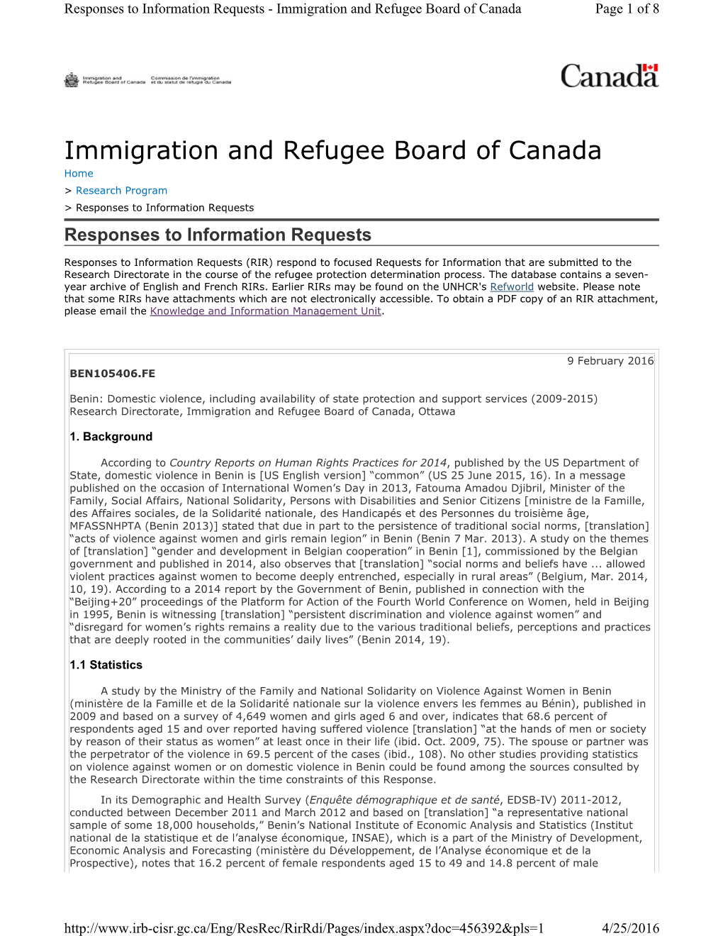 Immigration and Refugee Board of Canada Page 1 of 8