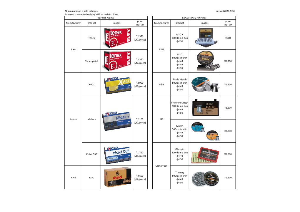 All Ammunition Is Sold in Boxes Reviced2020-12SK Payment Is Accepted Only by VISA Or Cash in JP Yen. Manufacturer Product Images