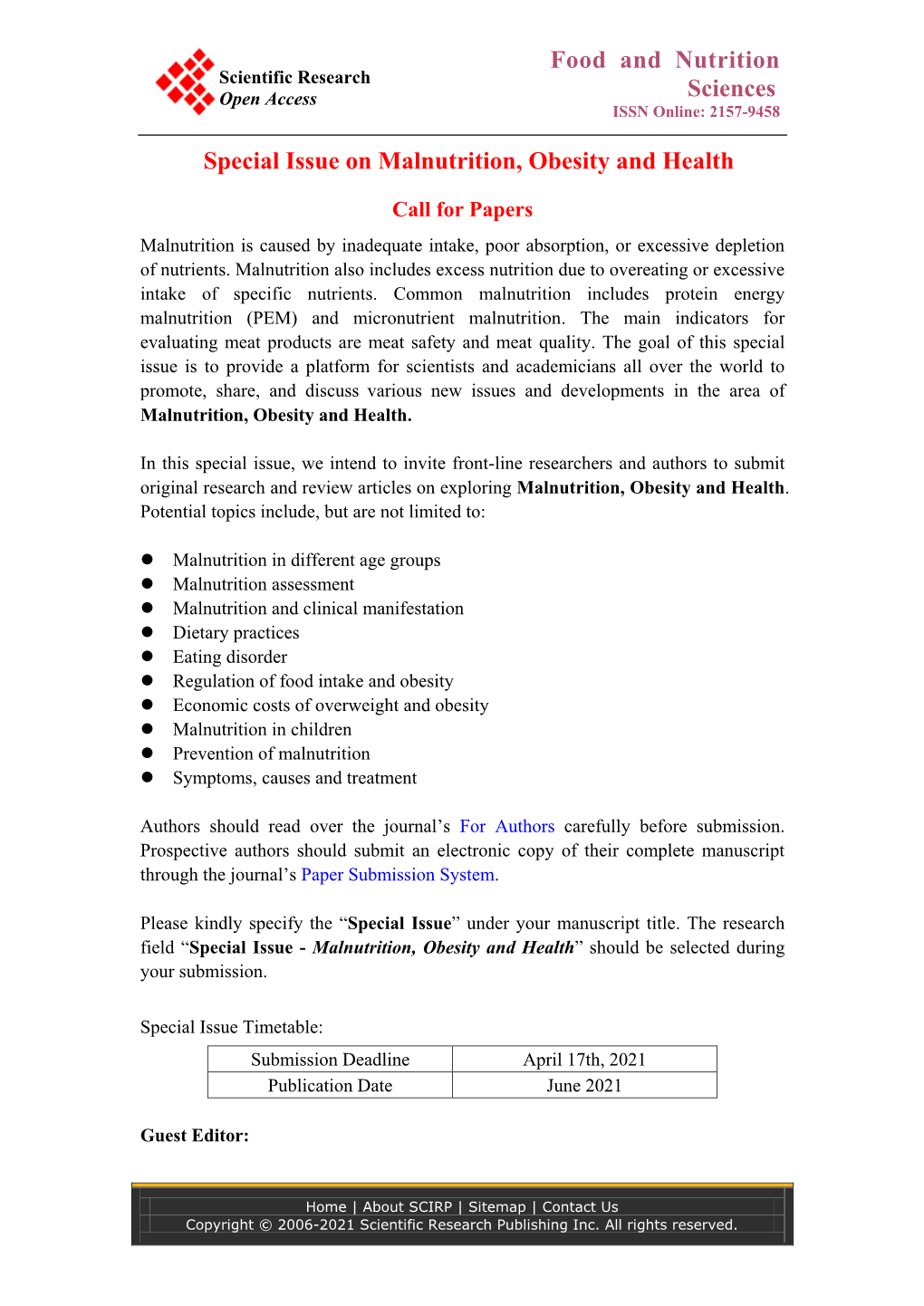 Food and Nutrition Sciences Special Issue on Malnutrition, Obesity And