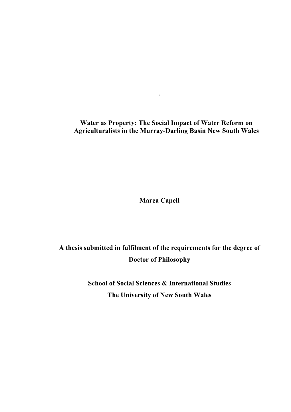 Water As Property: the Social Impact of Water Reform on Agriculturalists in the Murray-Darling Basin New South Wales