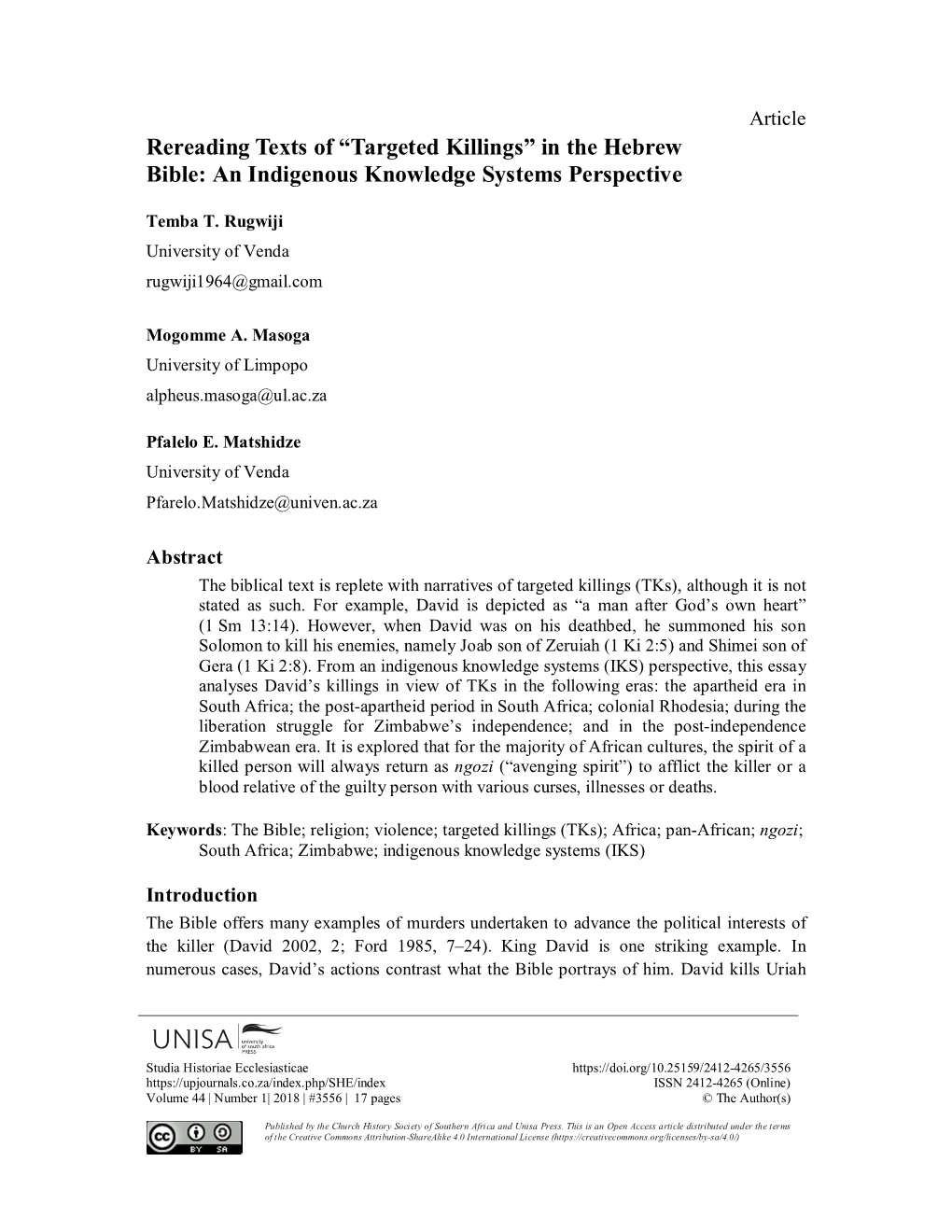 Rereading Texts of “Targeted Killings” in the Hebrew Bible: an Indigenous Knowledge Systems Perspective