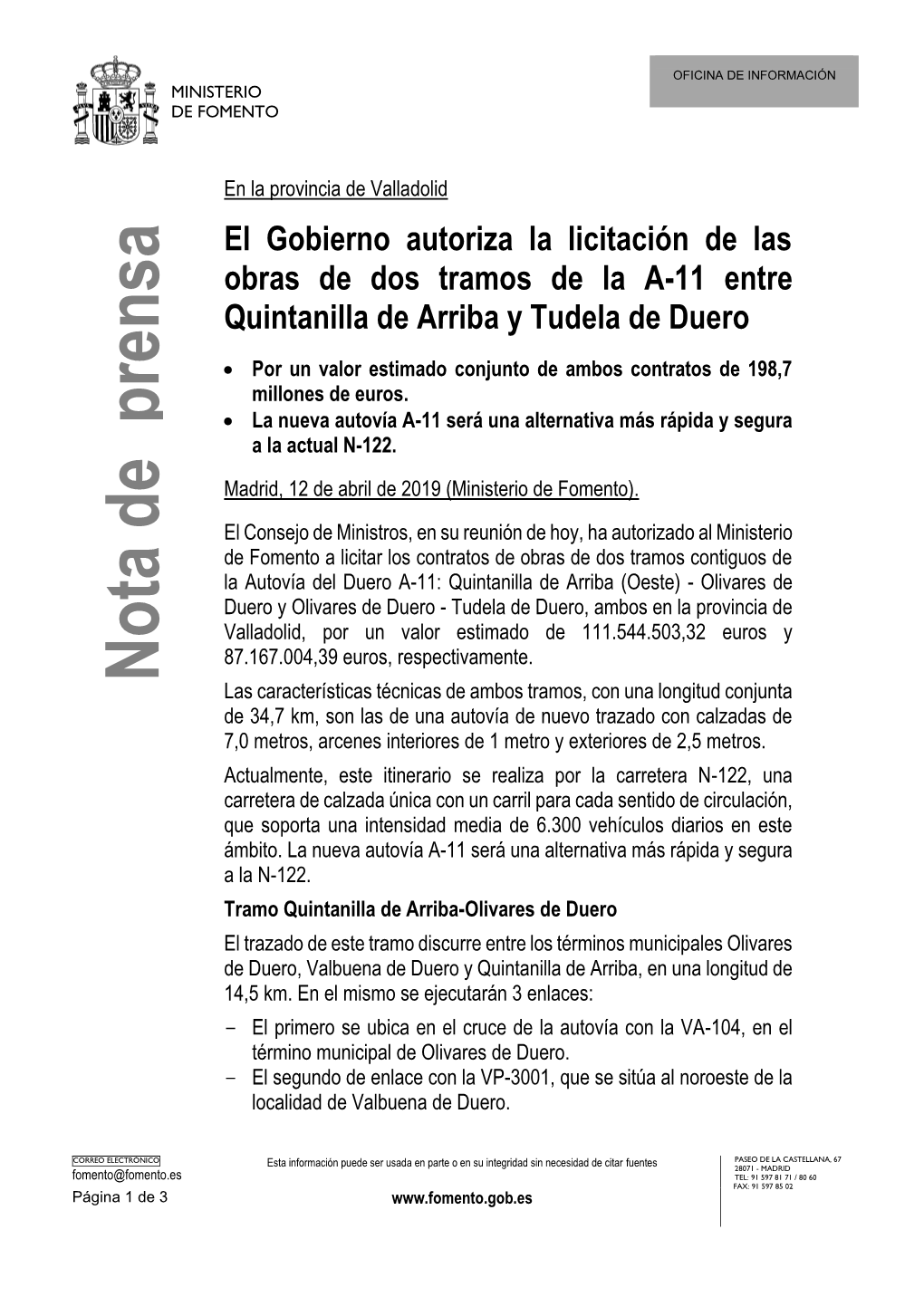 El Gobierno Autoriza La Licitación De Las Obras De Dos Tramos De La A-11 Entre Quintanilla De Arriba Y Tudela De Duero