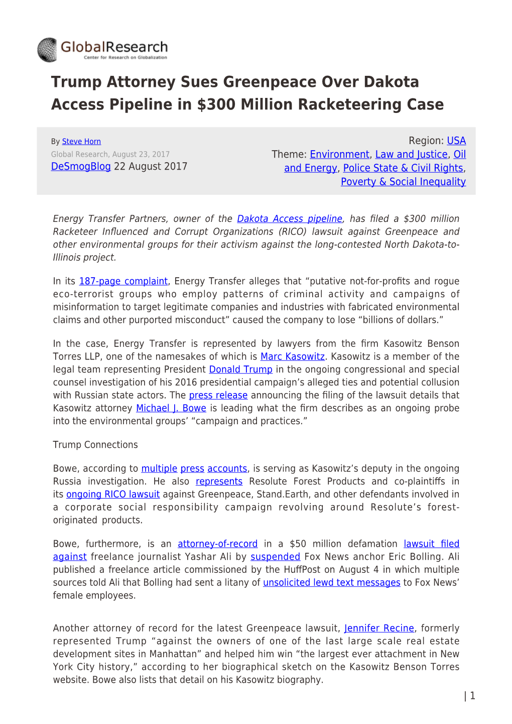 Trump Attorney Sues Greenpeace Over Dakota Access Pipeline in $300 Million Racketeering Case