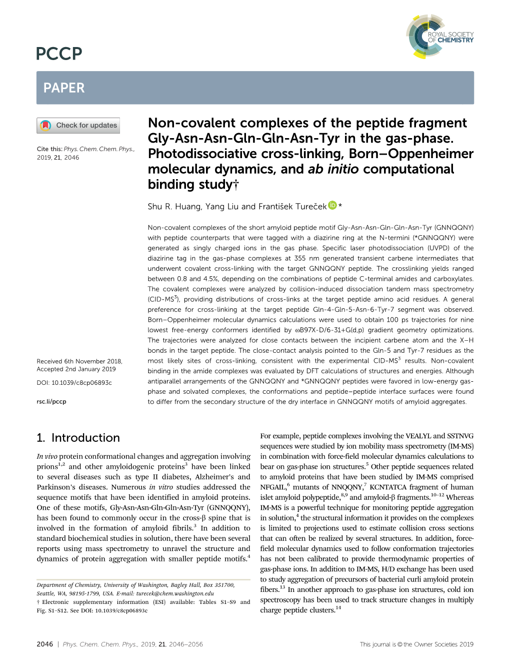 Non-Covalent Complexes of the Peptide Fragment Gly-Asn-Asn-Gln-Gln-Asn-Tyr in the Gas-Phase. Photodissociative Cross-Linking, Bo