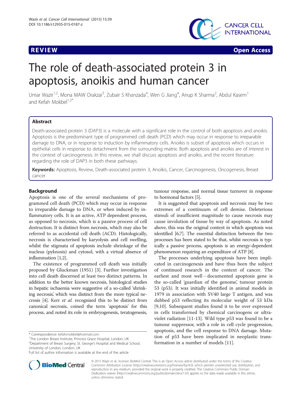 The Role of Death-Associated Protein 3 in Apoptosis, Anoikis and Human Cancer